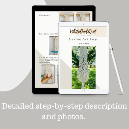 Two tablets displaying a macrame plant hanger DIY pattern with a white background.