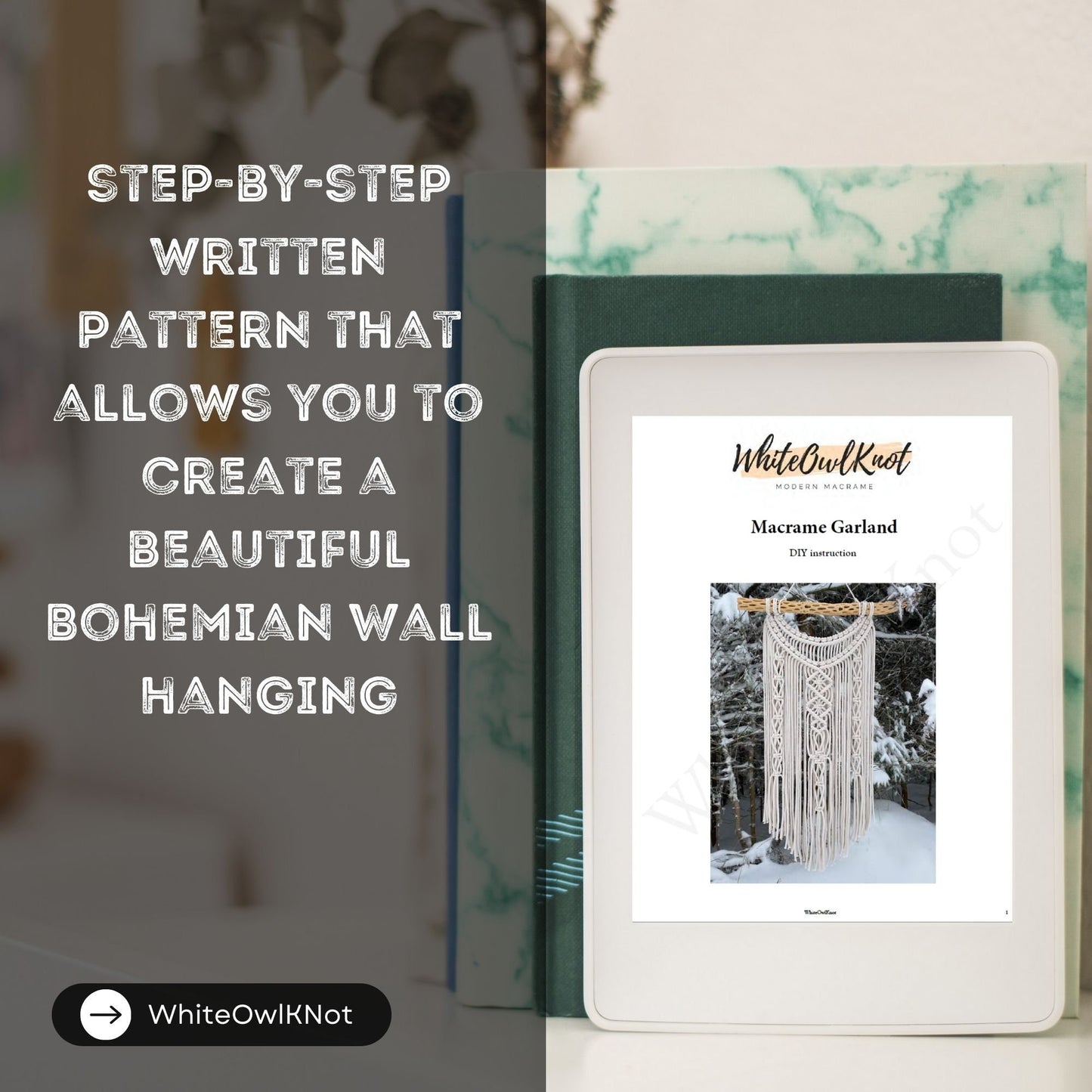 Ebook cover with a macrame wall hanging on a blurred background