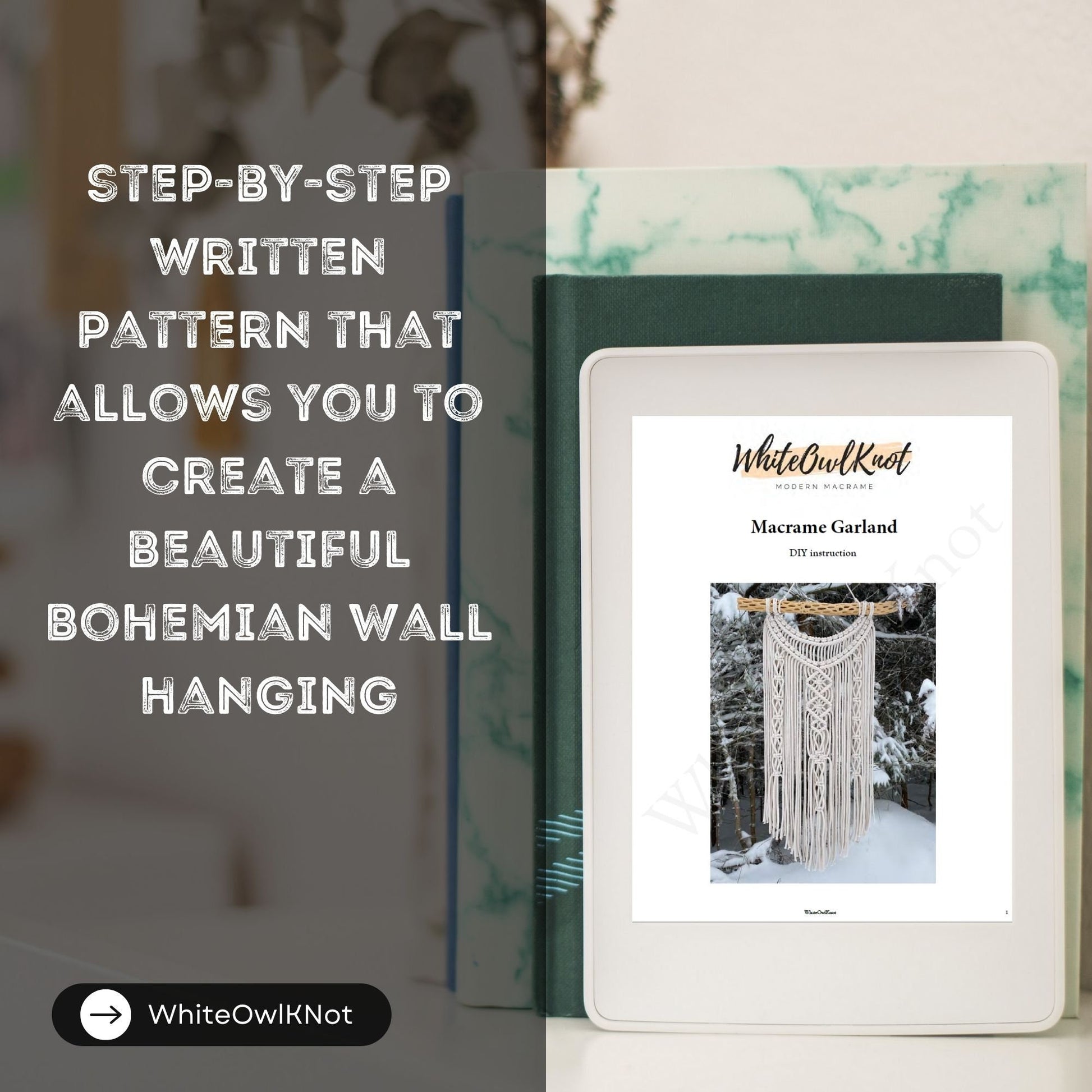 Ebook cover with a macrame wall hanging on a blurred background