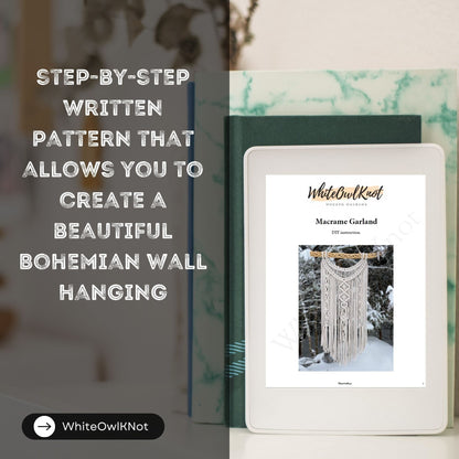 Ebook cover with a macrame wall hanging on a blurred background