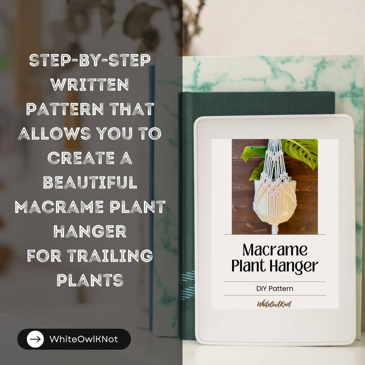 White book titled 'Macrame Plant Hanger' with a blurred background