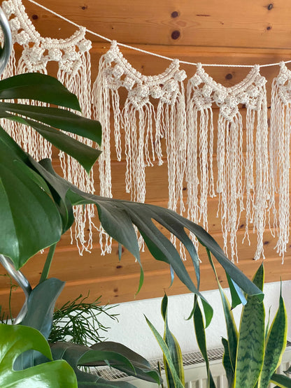 Macrame wall hanging with plants in the foreground