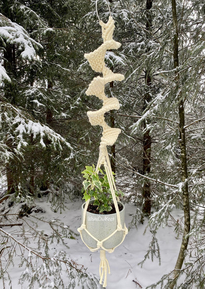 Macrame plant hanger with a plant in a snowy forest setting
