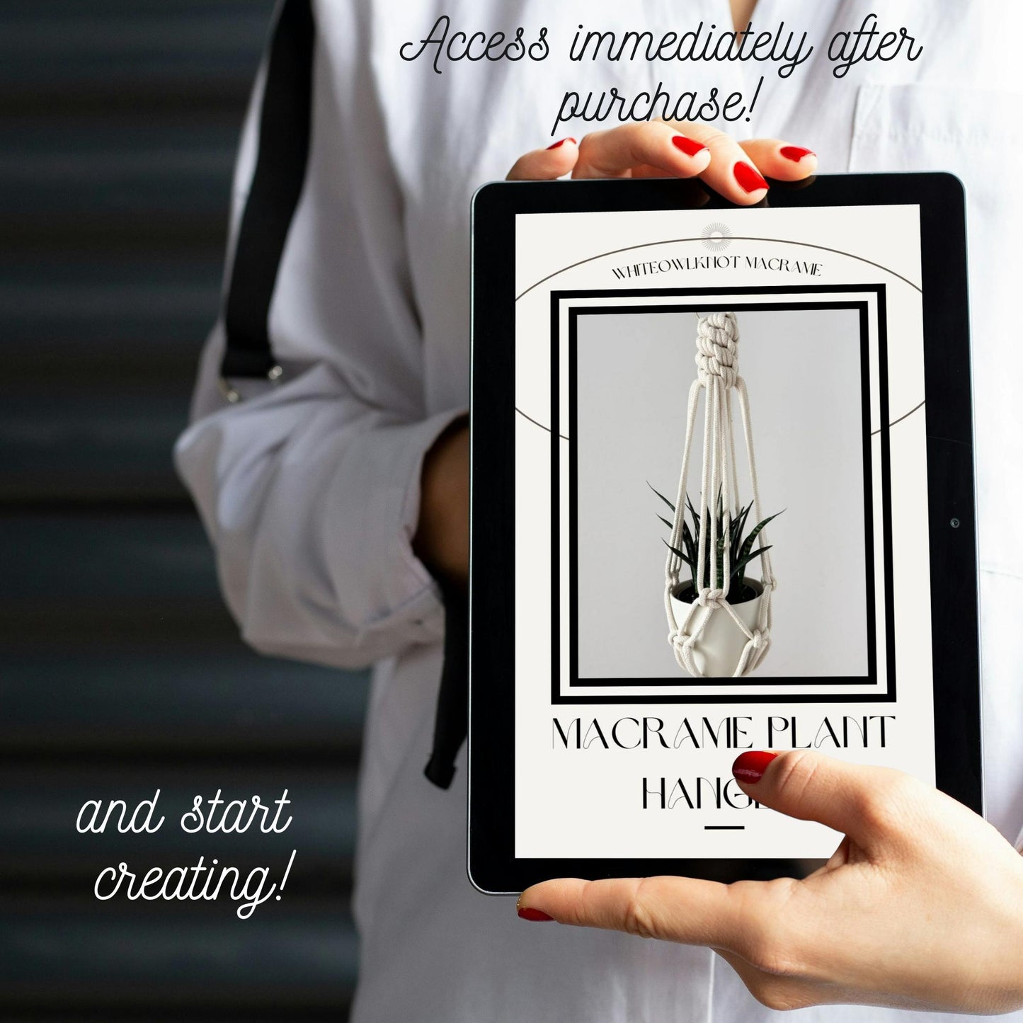 Person holding a tablet displaying an image of a plant in a decorative pot with text about immediate access after purchase.