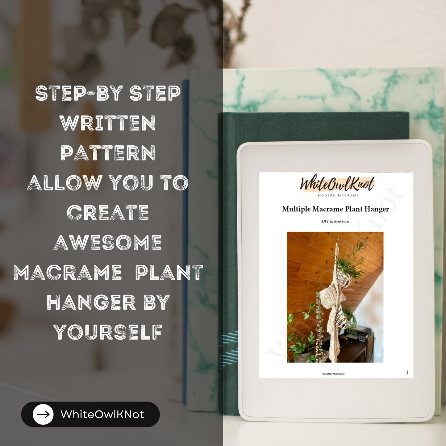 Ebook cover with text about creating a macrame plant hanger and WhiteOwlKnot branding.