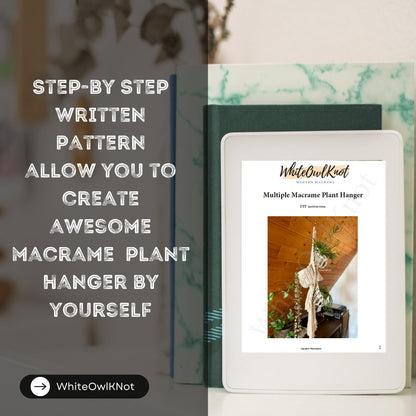 Ebook cover with text about creating a macrame plant hanger and WhiteOwlKnot branding.