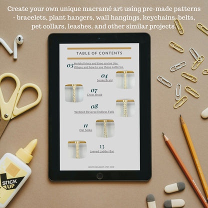 Tablet displaying a table of contents for macramé patterns on a brown surface with crafting supplies.