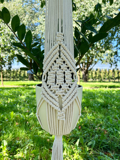 Macrame plant hanger with geometric design in a natural setting
