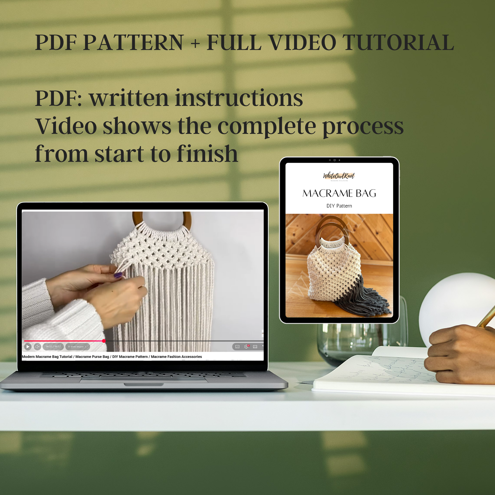 Laptop displaying a video tutorial on macrame bag making with written instructions on a screen.