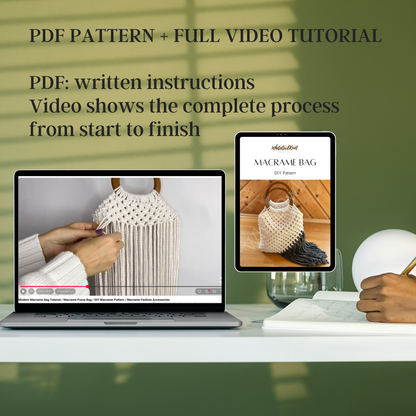 Laptop displaying a video tutorial on macrame bag making with written instructions on a screen.