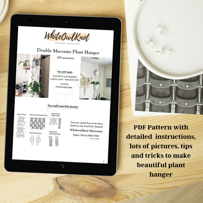 iPad displaying a PDF pattern for a double macrame plant hanger on a wooden surface.