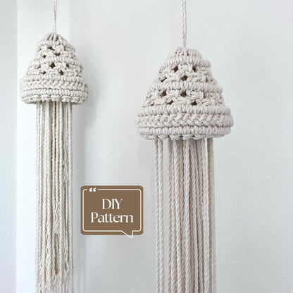 Two macrame jellyfish hangings with a 'DIY Pattern' label on a light background