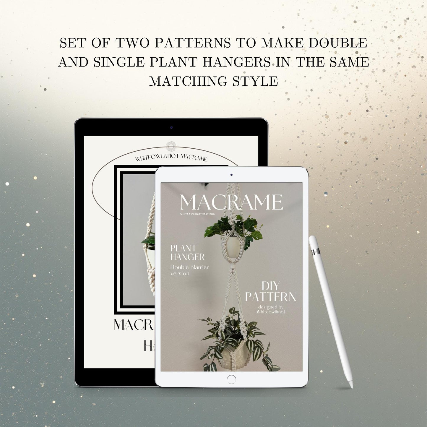 Tablet displaying a DIY macrame plant hanger pattern with a pen on a gradient background
