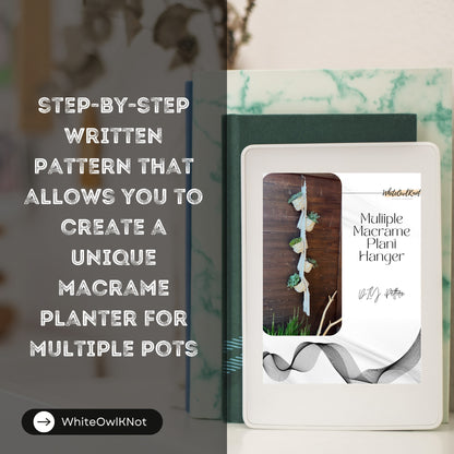 Macrame plant hanger kit with written pattern on a blurred background