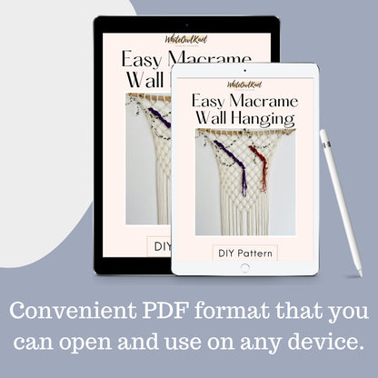 Two tablets displaying 'Easy Macrame Wall' and 'Easy Macrame Wall Hanging' patterns with a pen on a light blue background.