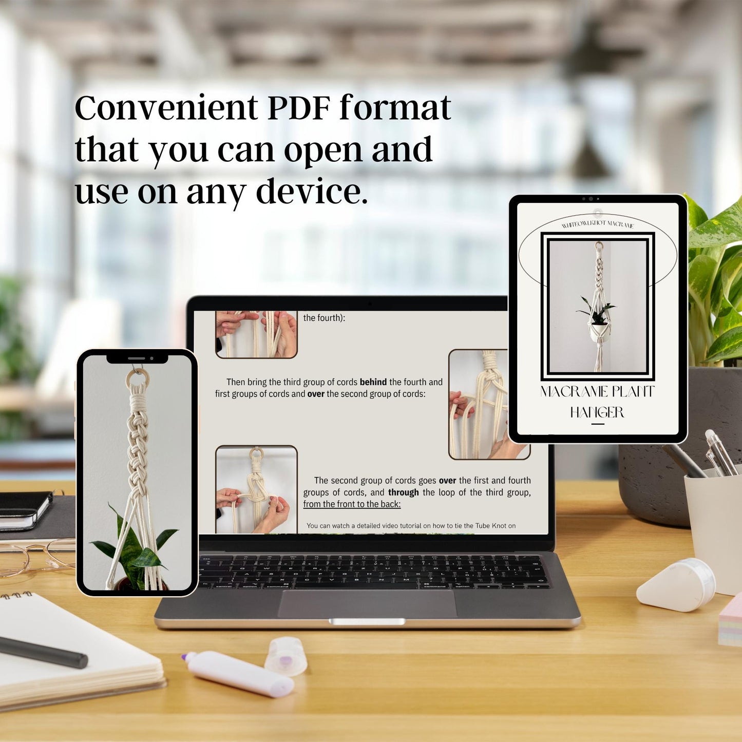 Laptop displaying a PDF on a desk with text 'Convenient PDF format that you can open and use on any device.'
