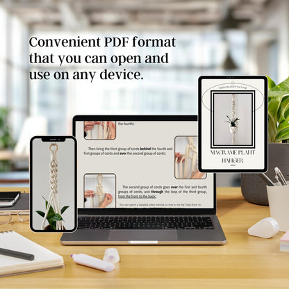 Laptop displaying a PDF on a desk with text 'Convenient PDF format that you can open and use on any device.'