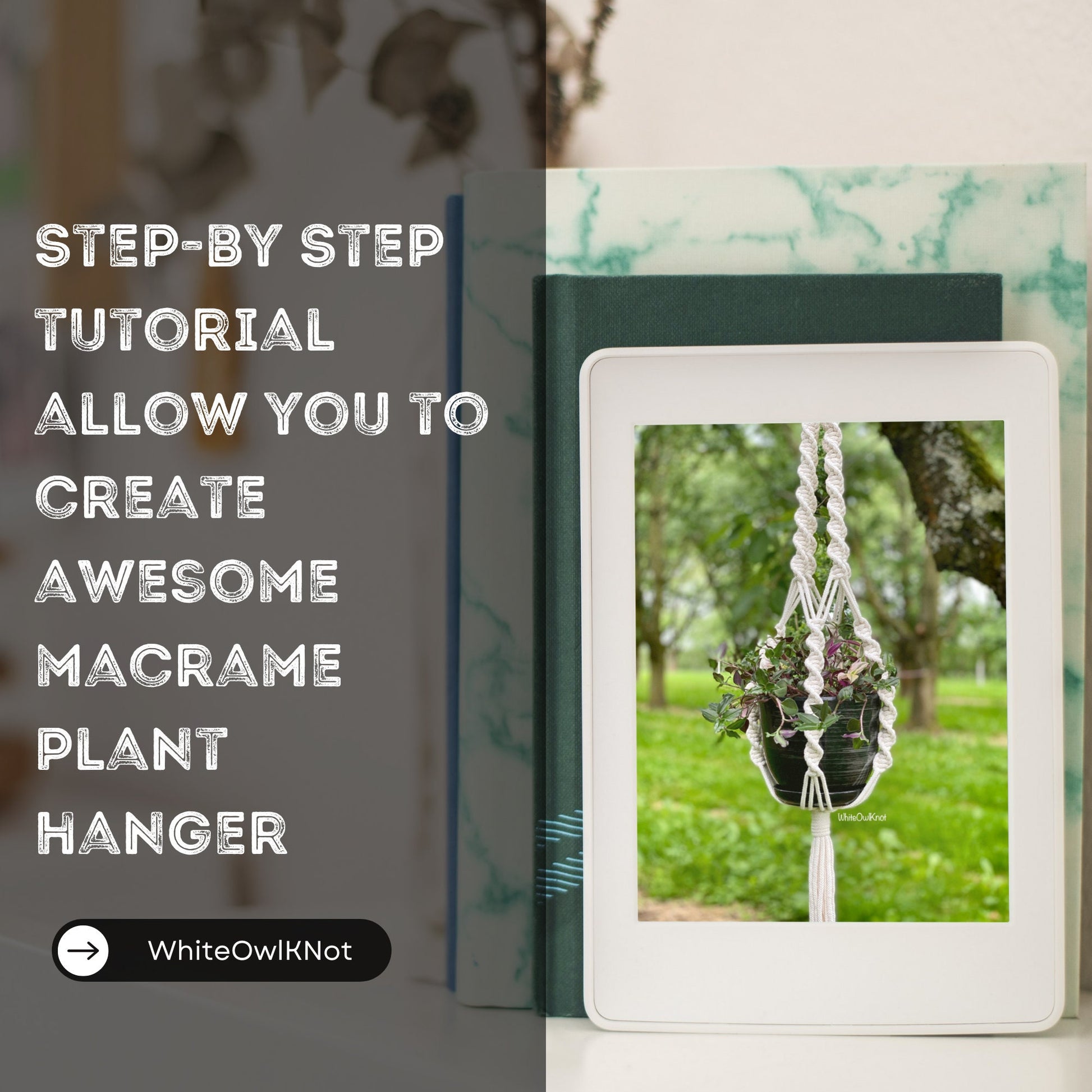 Book with a picture of a macrame plant hanger on a blurred background