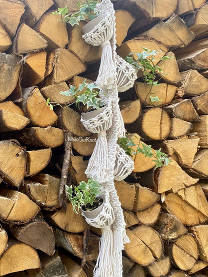 Macrame plant hanger with potted plants against a background of stacked wooden logs.