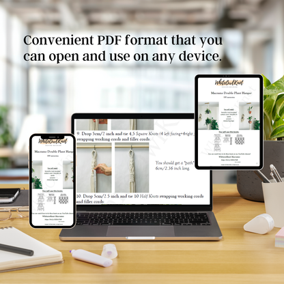 Laptop, tablet, and smartphone displaying a PDF macrame diy pattern on a desk with a blurred office background.