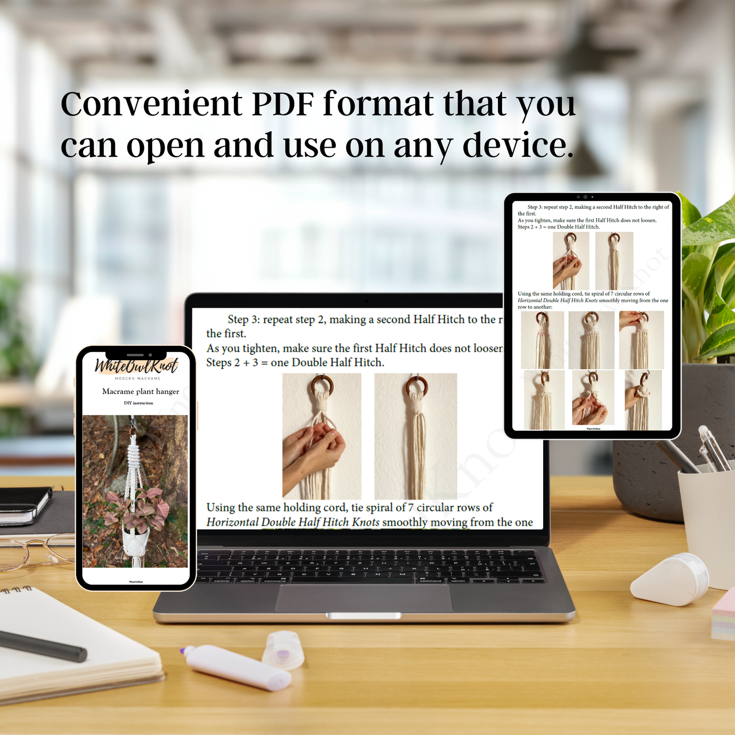 Laptop displaying a PDF on a desk with text about convenient PDF format.