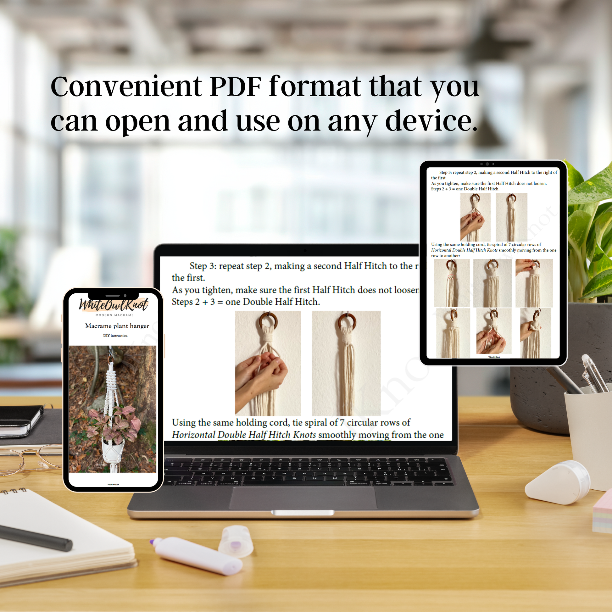 Laptop displaying a PDF on a desk with text about convenient PDF format.