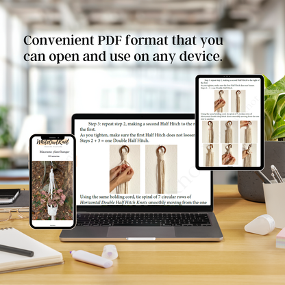 Laptop displaying a PDF on a desk with text about convenient PDF format.