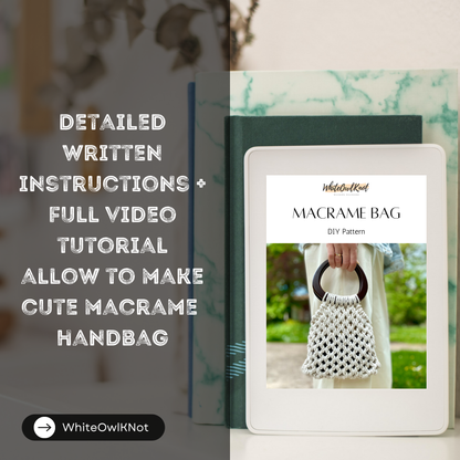 Digital download for making a macrame bag with text overlay on a blurred background