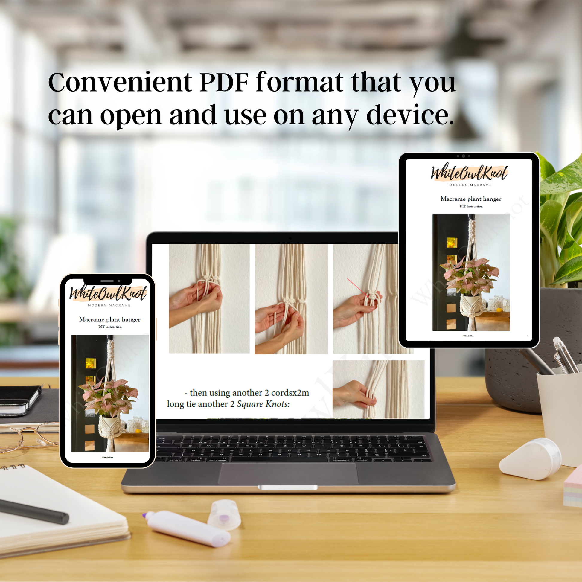 Laptop, tablet, and smartphone displaying a PDF on a desk with text about convenient PDF format.