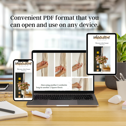 Laptop, tablet, and smartphone displaying a PDF on a desk with text about convenient PDF format.