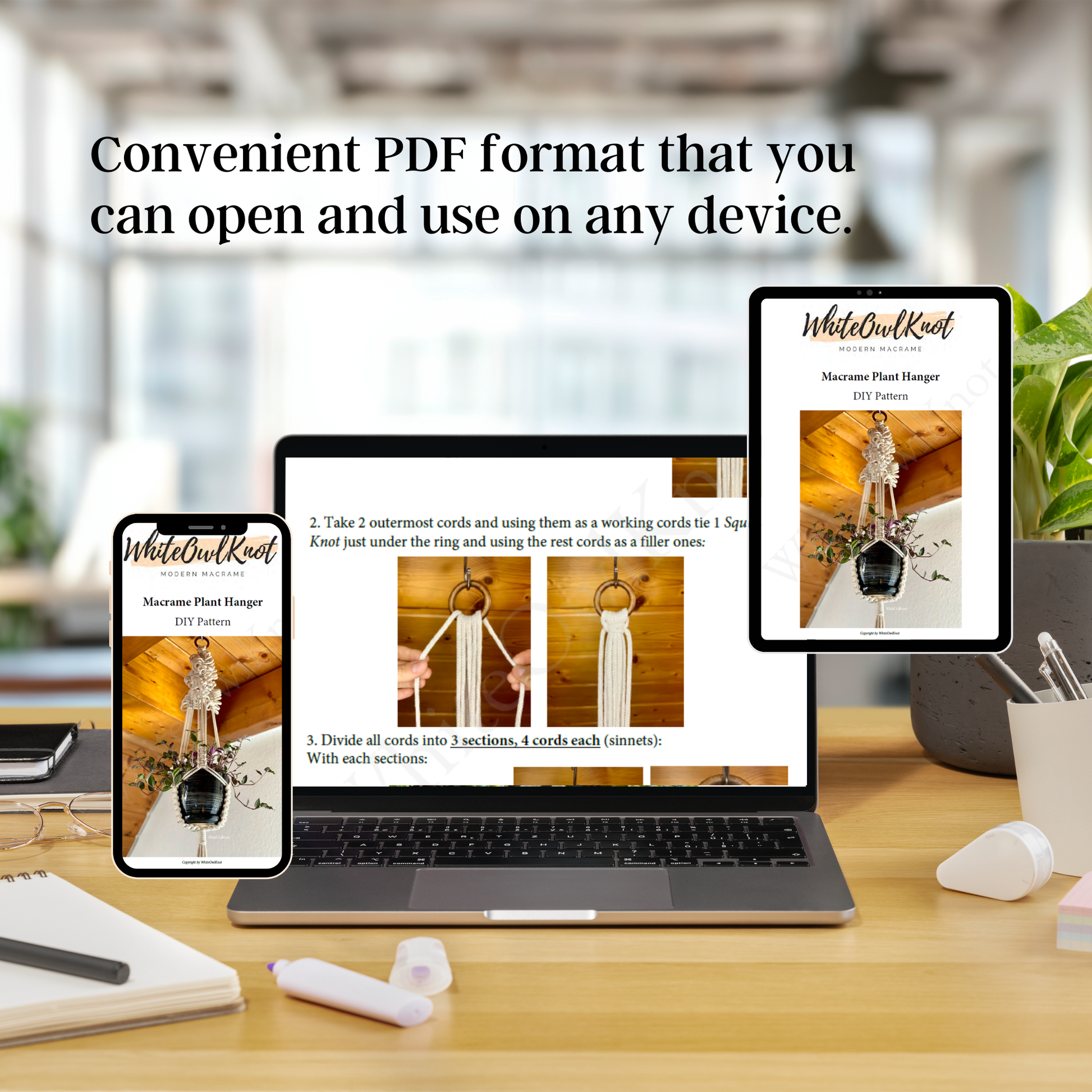 Laptop displaying a PDF on a desk with text about convenient PDF format.