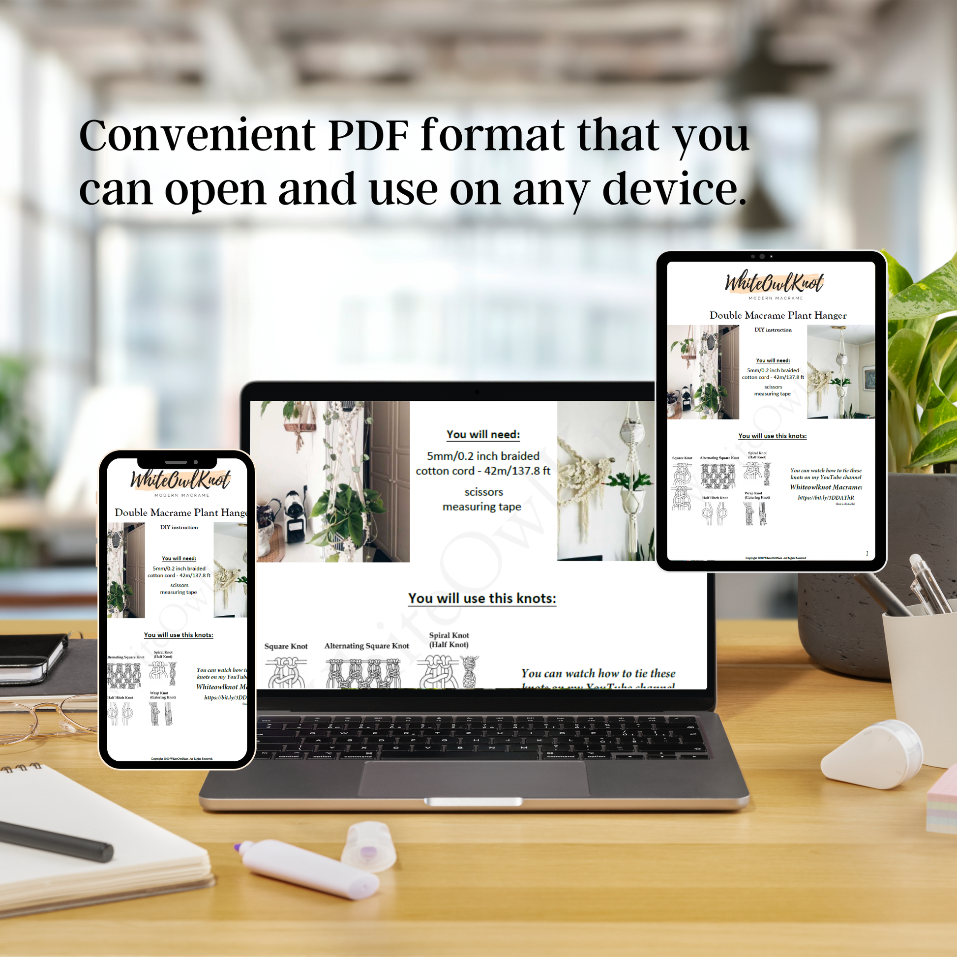 Laptop, tablet, and smartphone displaying a PDF on a desk with a blurred office background.