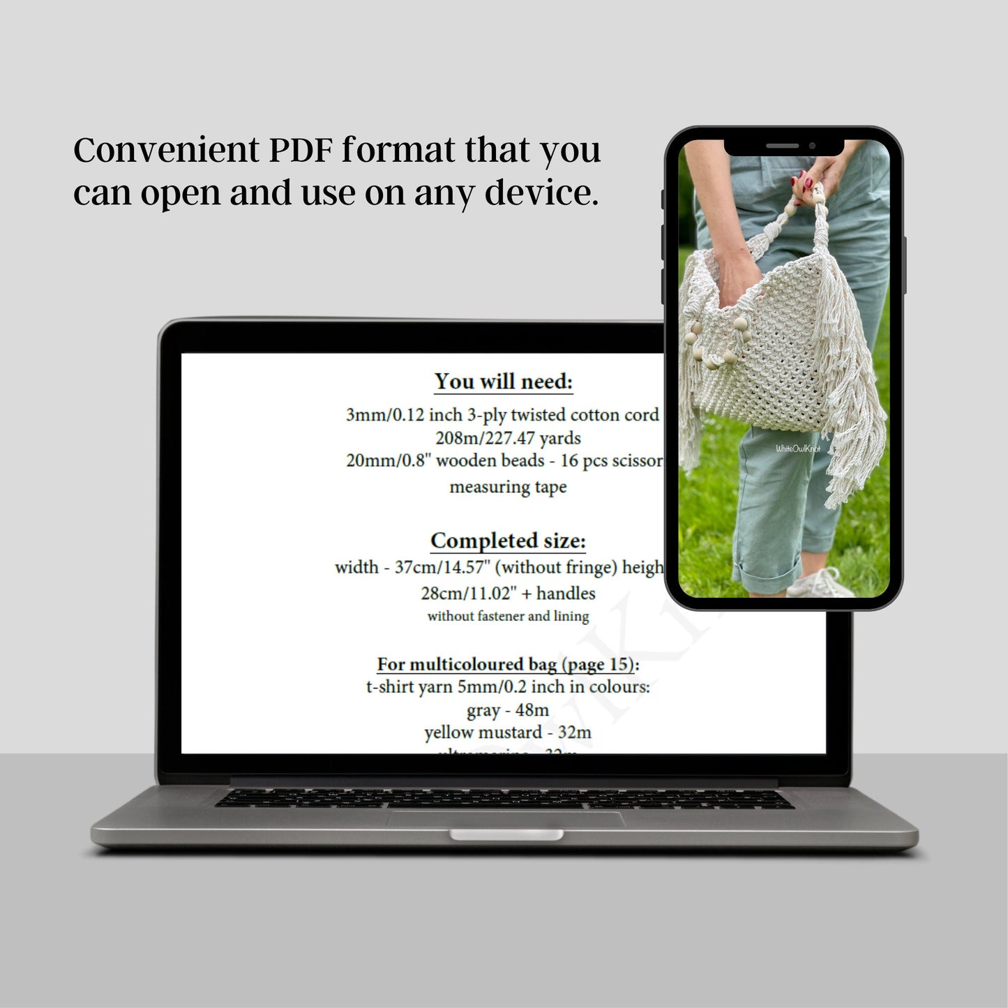 Laptop and phone displaying a PDF with crafting instructions and a person holding a woven bag.