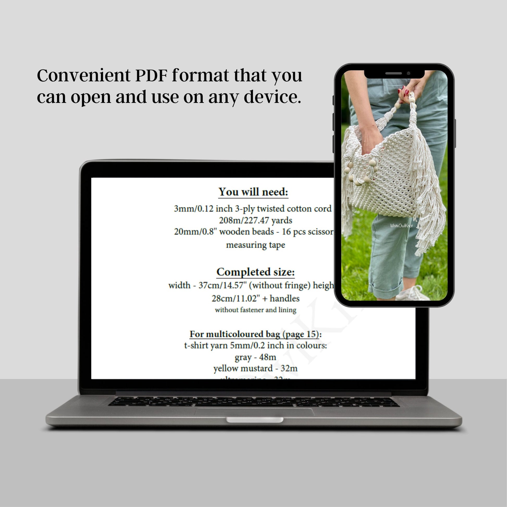 Laptop and phone displaying a PDF with crafting instructions and a person holding a woven bag.