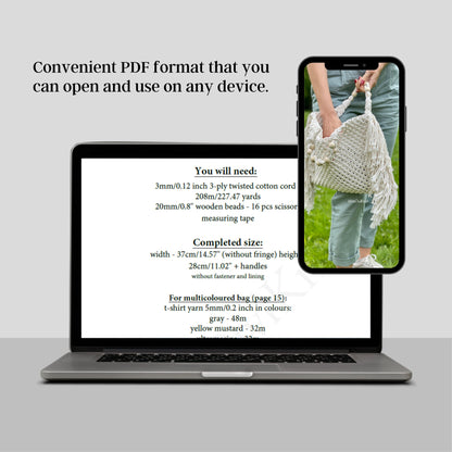 Laptop and phone displaying a PDF with crafting instructions and a person holding a woven bag.