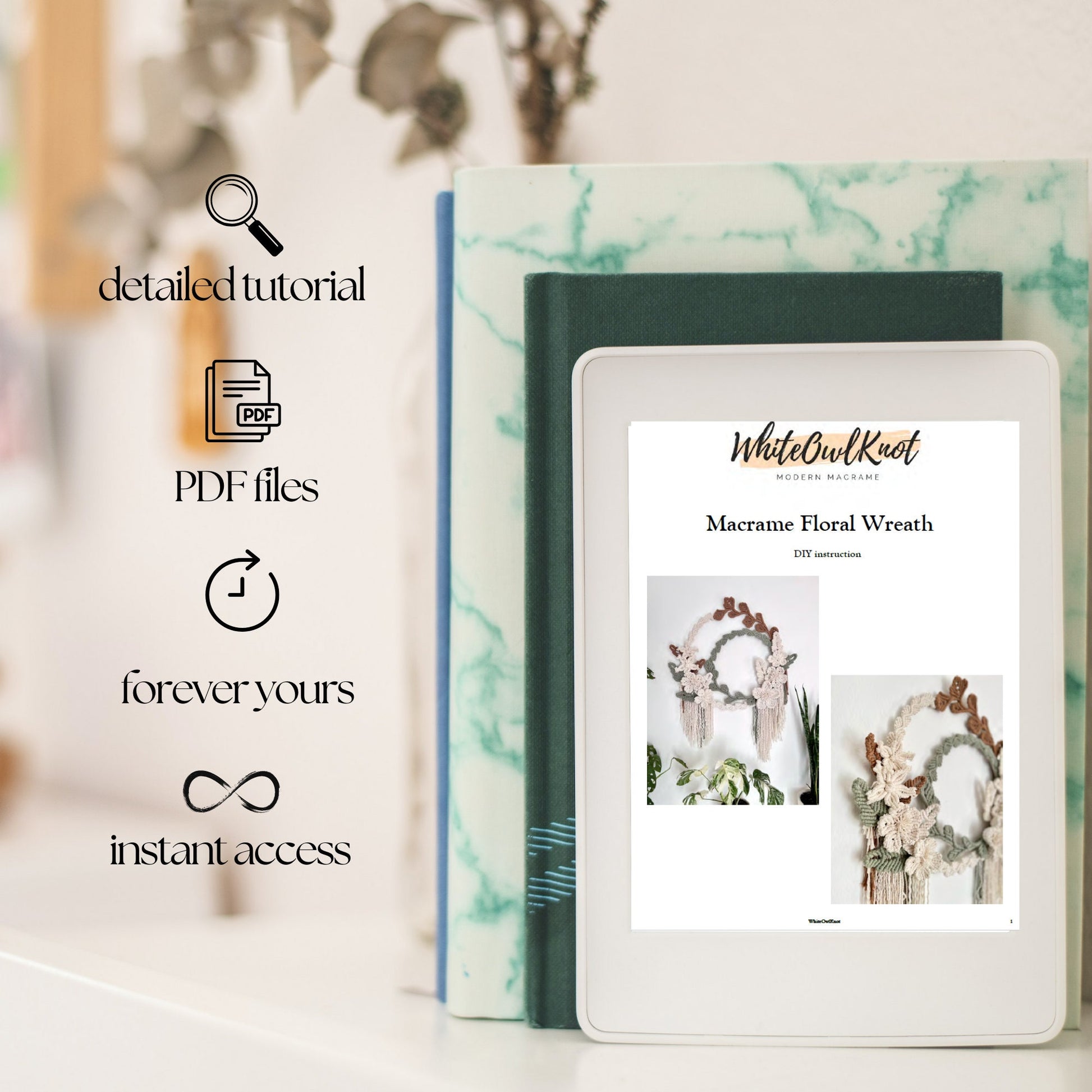 Digital download product with tablet displaying a tutorial and book on a blurred background