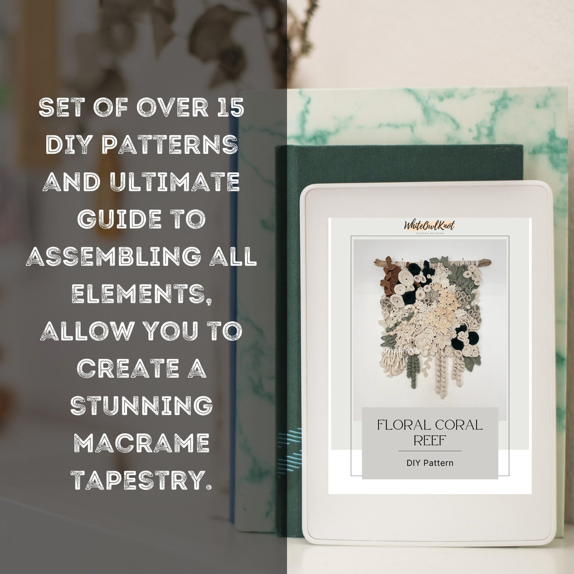 Floral coral reef macrame tapestry kit with packaging and text overlay.