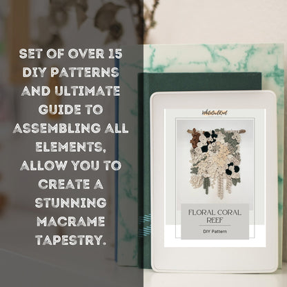 Floral coral reef macrame tapestry kit with packaging and text overlay.