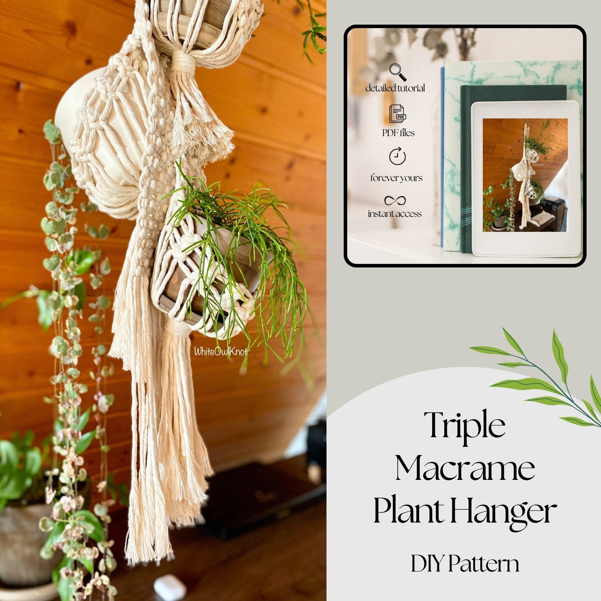 Triple Macrame Plant Hanger with a digital download card on a wooden background