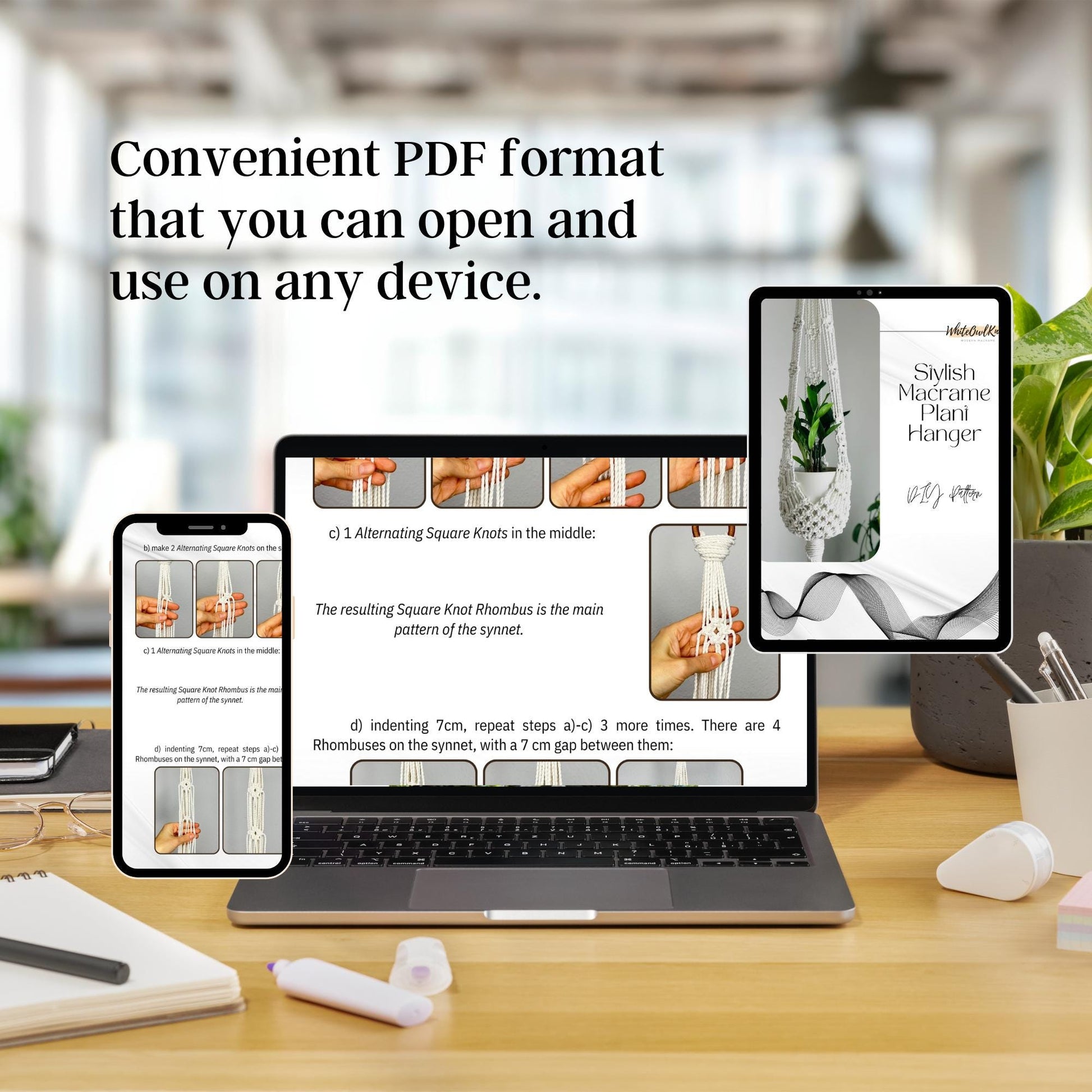 Laptop displaying a PDF on a desk with text 'Convenient PDF format that you can open and use on any device.'