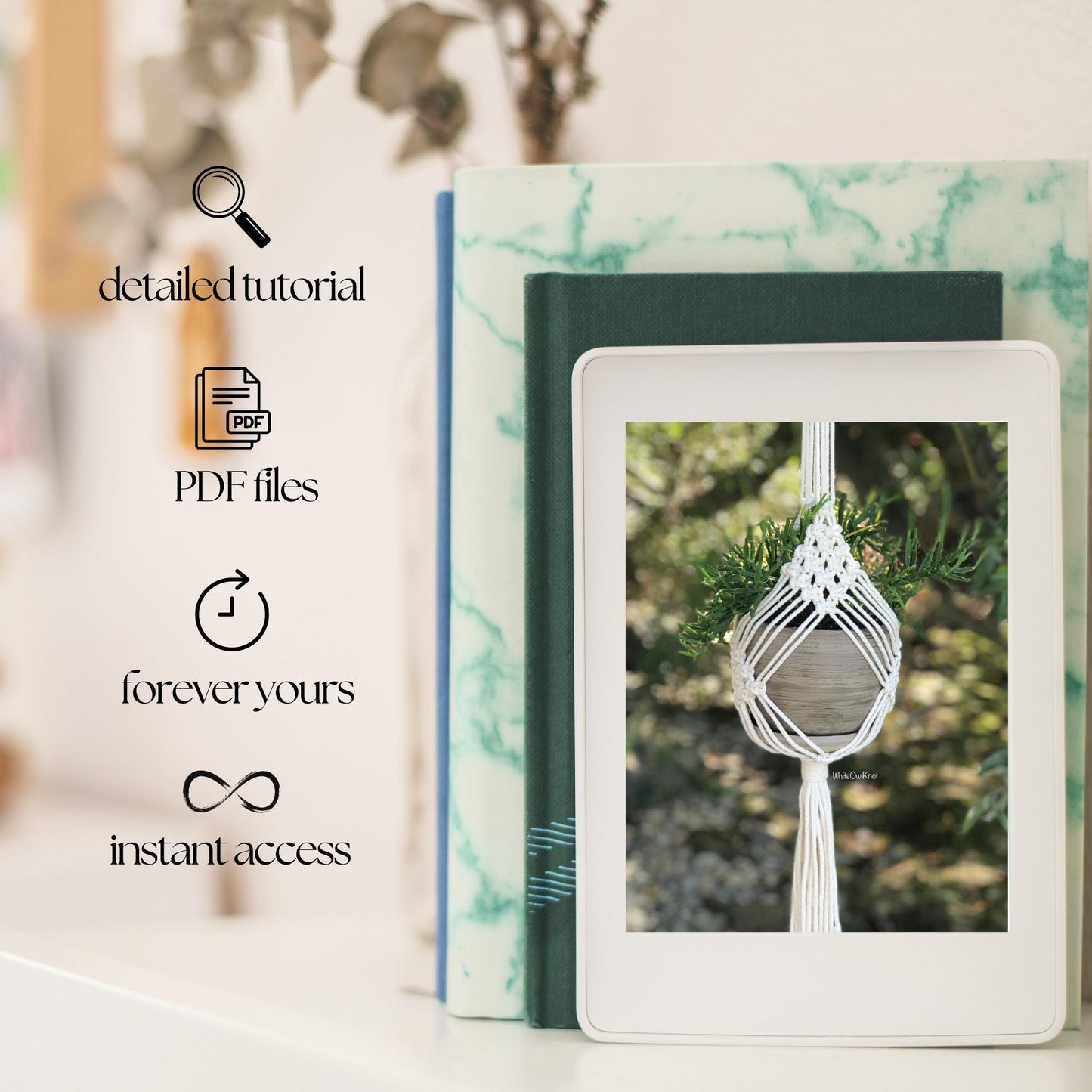 Product packaging with a macrame plant hanger design on a blurred natural background