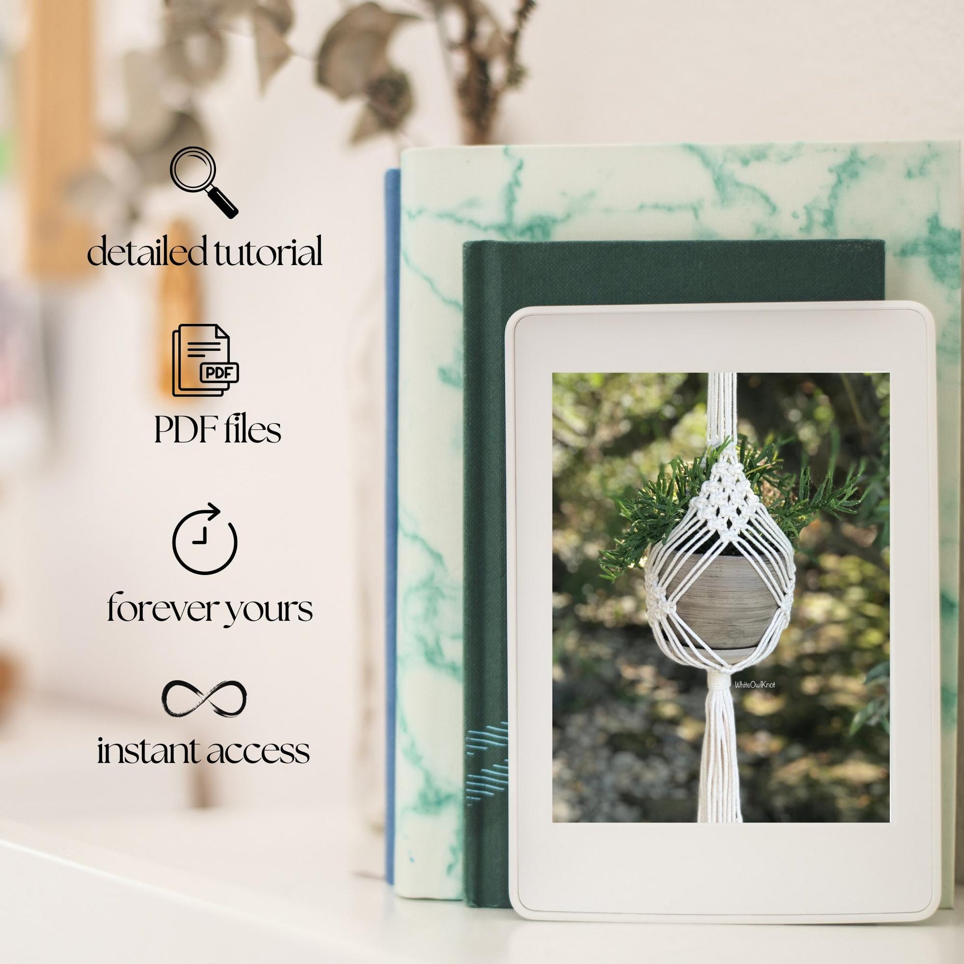Product packaging with a macrame plant hanger design on a blurred natural background