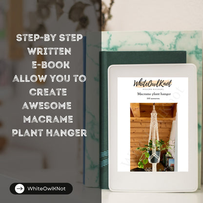 E-book cover with text 'Step-by-step written e-book allow you to create awesome macrame plant hanger' on a blurred background.