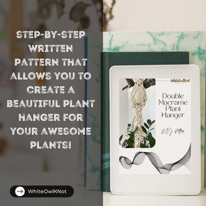 White card with plant hanger design and text about creating a plant hanger, on a blurred background.