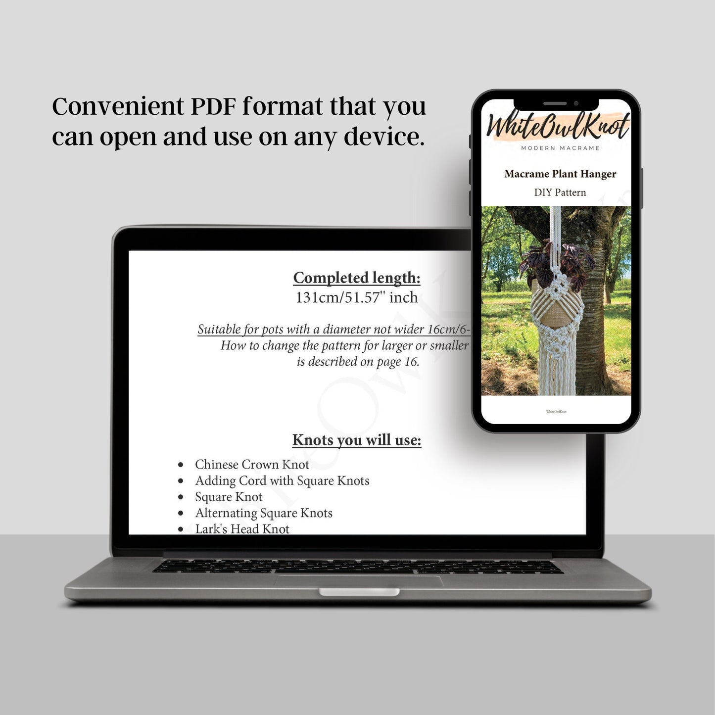 Laptop and smartphone displaying a PDF pattern for a macrame plant hanger on a light gray background.