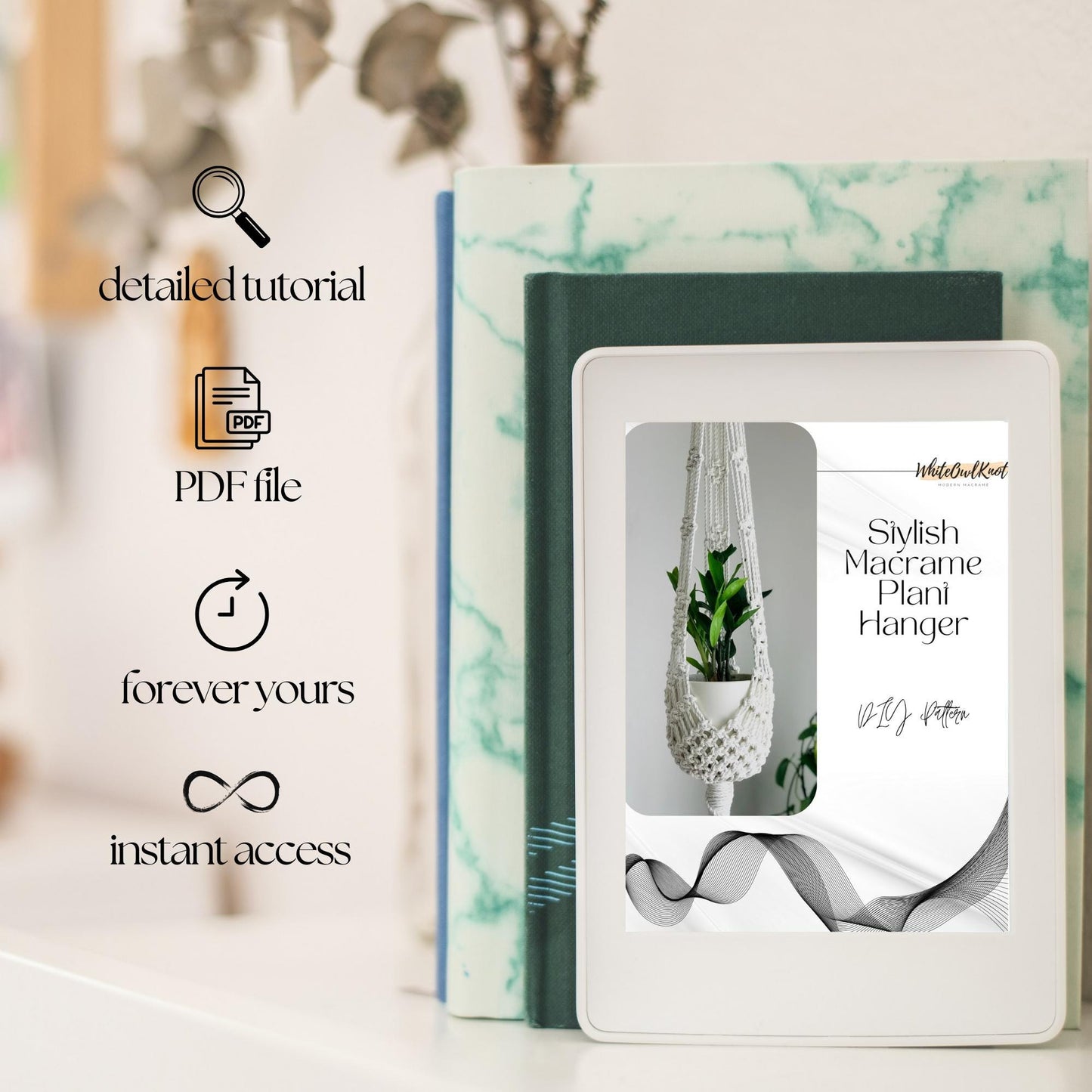 Product packaging with a plant hanger image and text on a blurred background