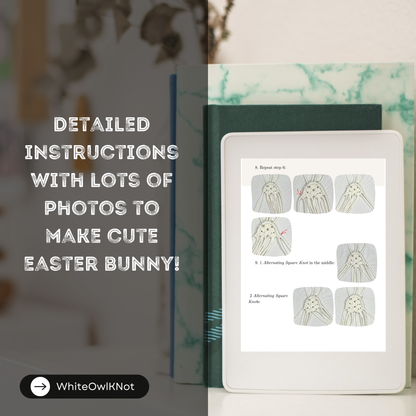E-ink device displaying instructions for making a cute Easter bunny with text overlay.