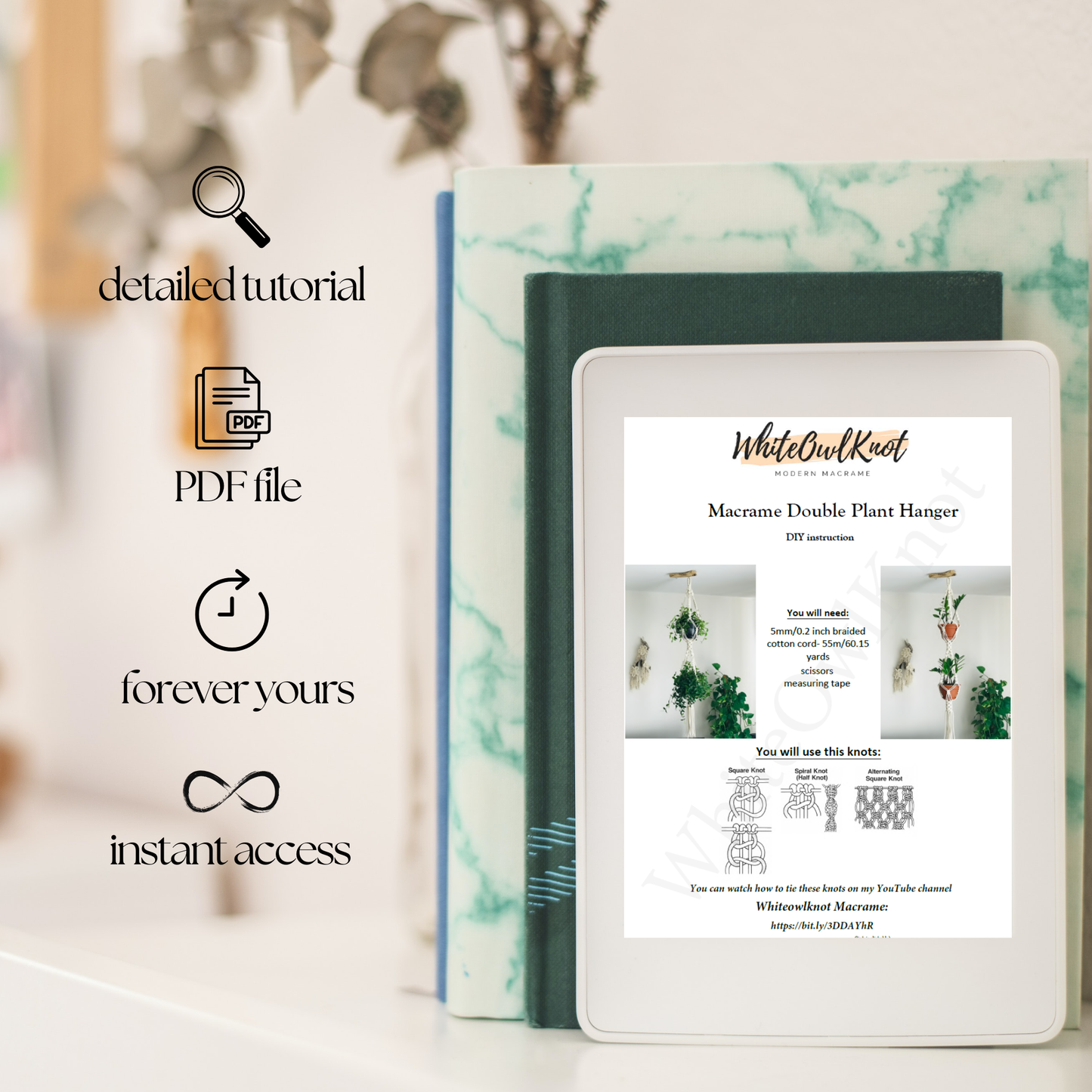 E-book reader displaying a PDF file with diy macrame pattern with text and images on a blurred background