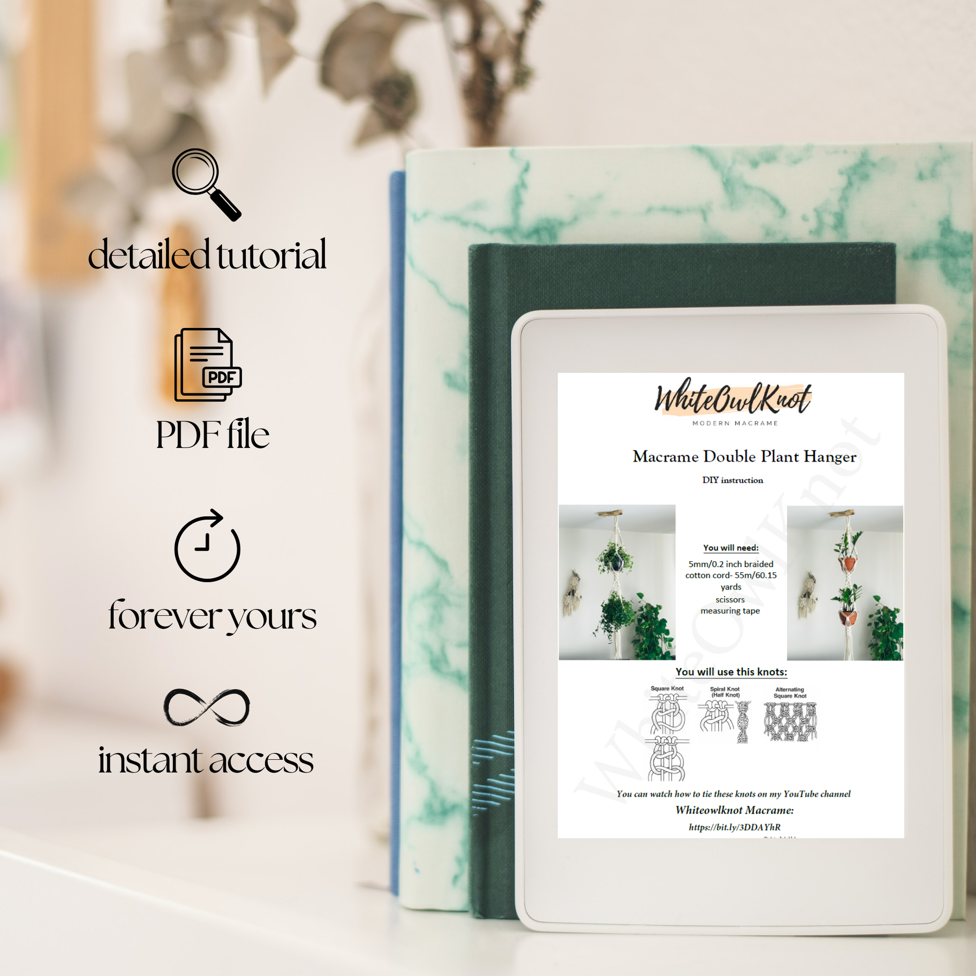 E-book reader displaying a PDF file with diy macrame pattern with text and images on a blurred background