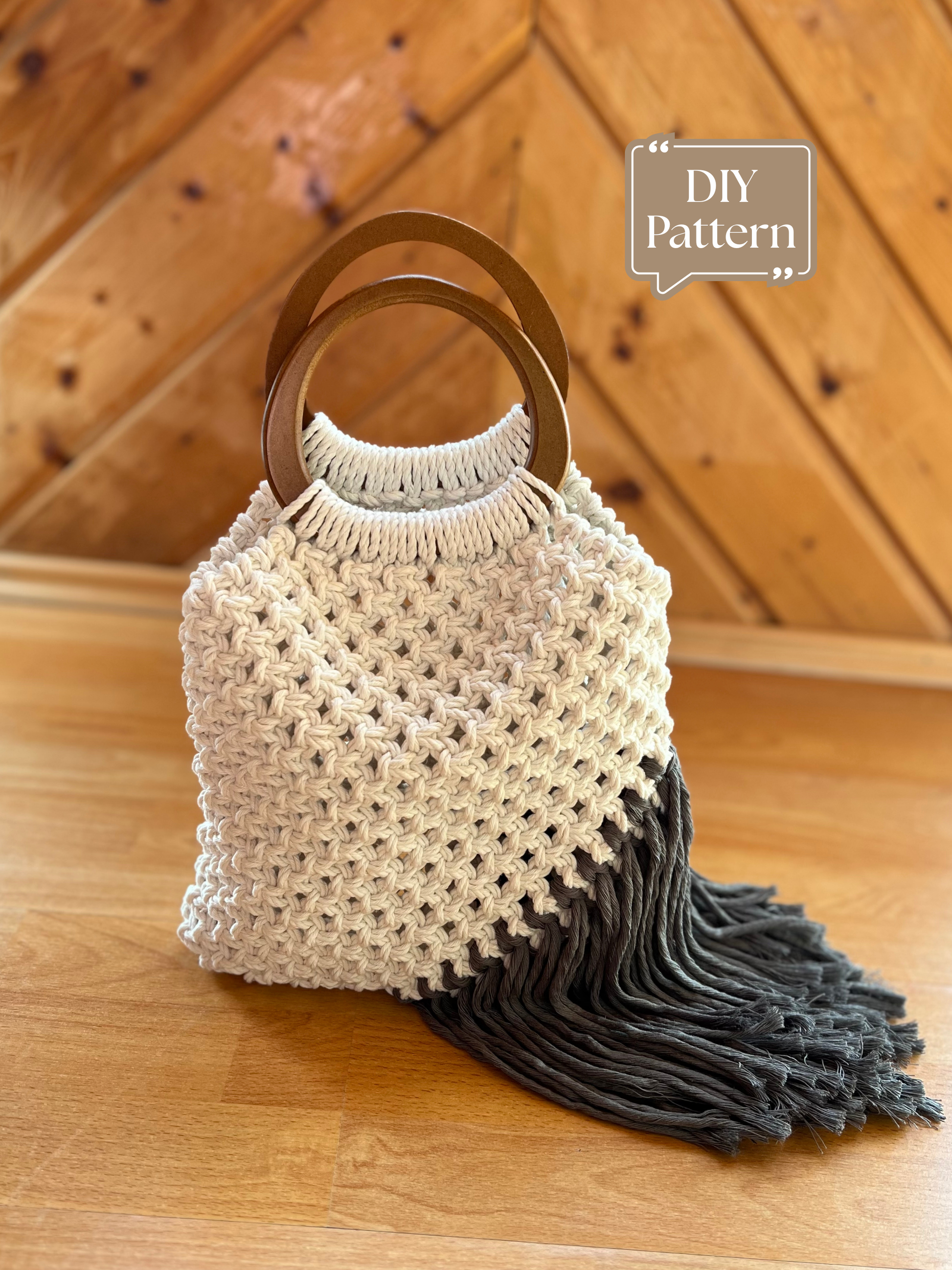 Macrame mini bag with wooden handles, handmade white rope handbag shown as DIY pattern example